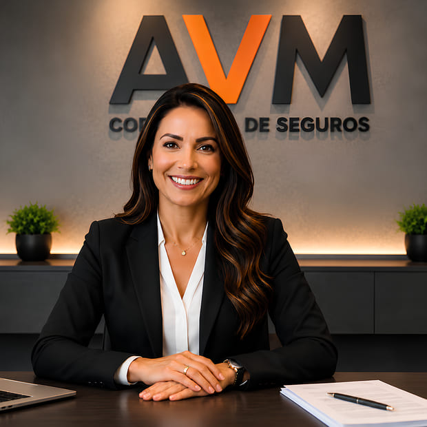 Corretora da AVM Seguros à mesa de atendimento, com o letreiro da corretora na parede ao fundo